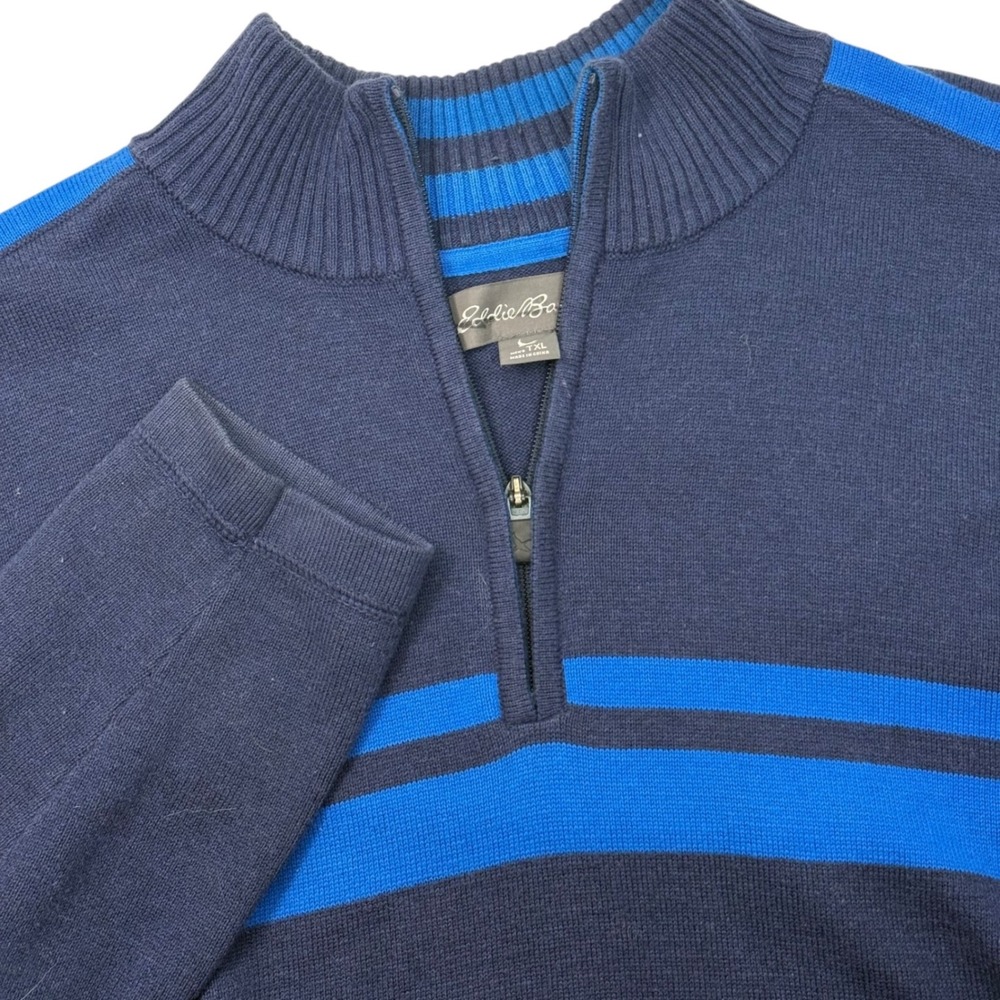 Eddie Bauer Mens XLT Quarter Zip Pullover Sweater Navy Blue Stripe Long Sleeve